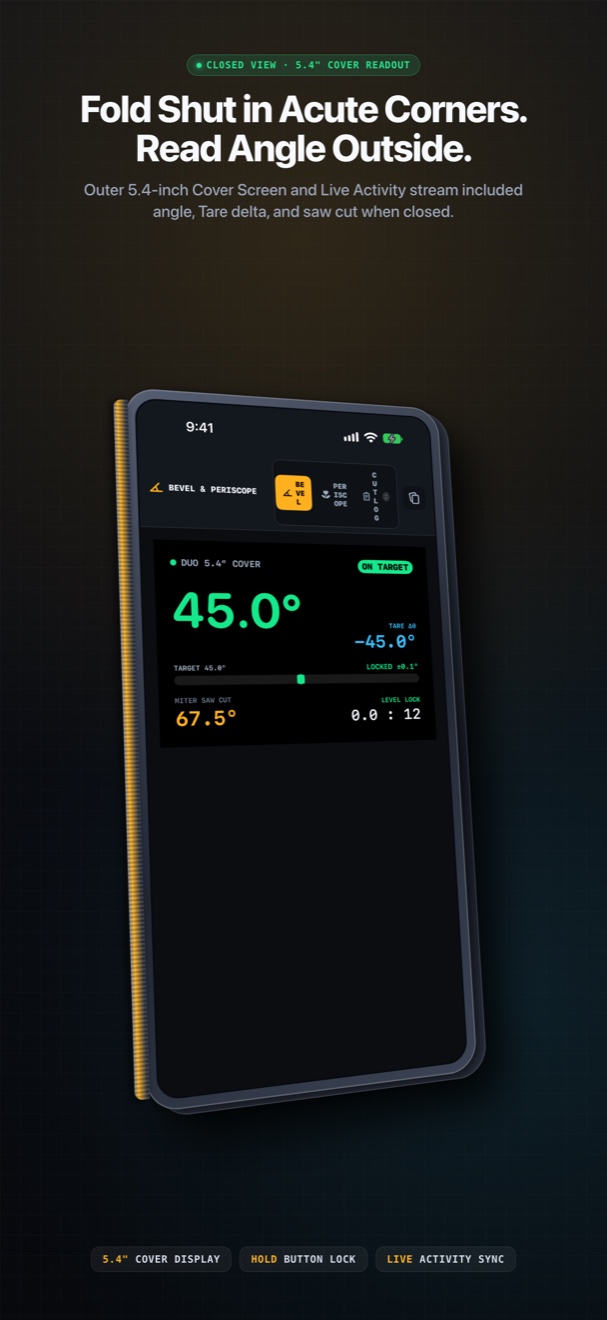 Closed View 5.4 inch cover display readout and spirit level